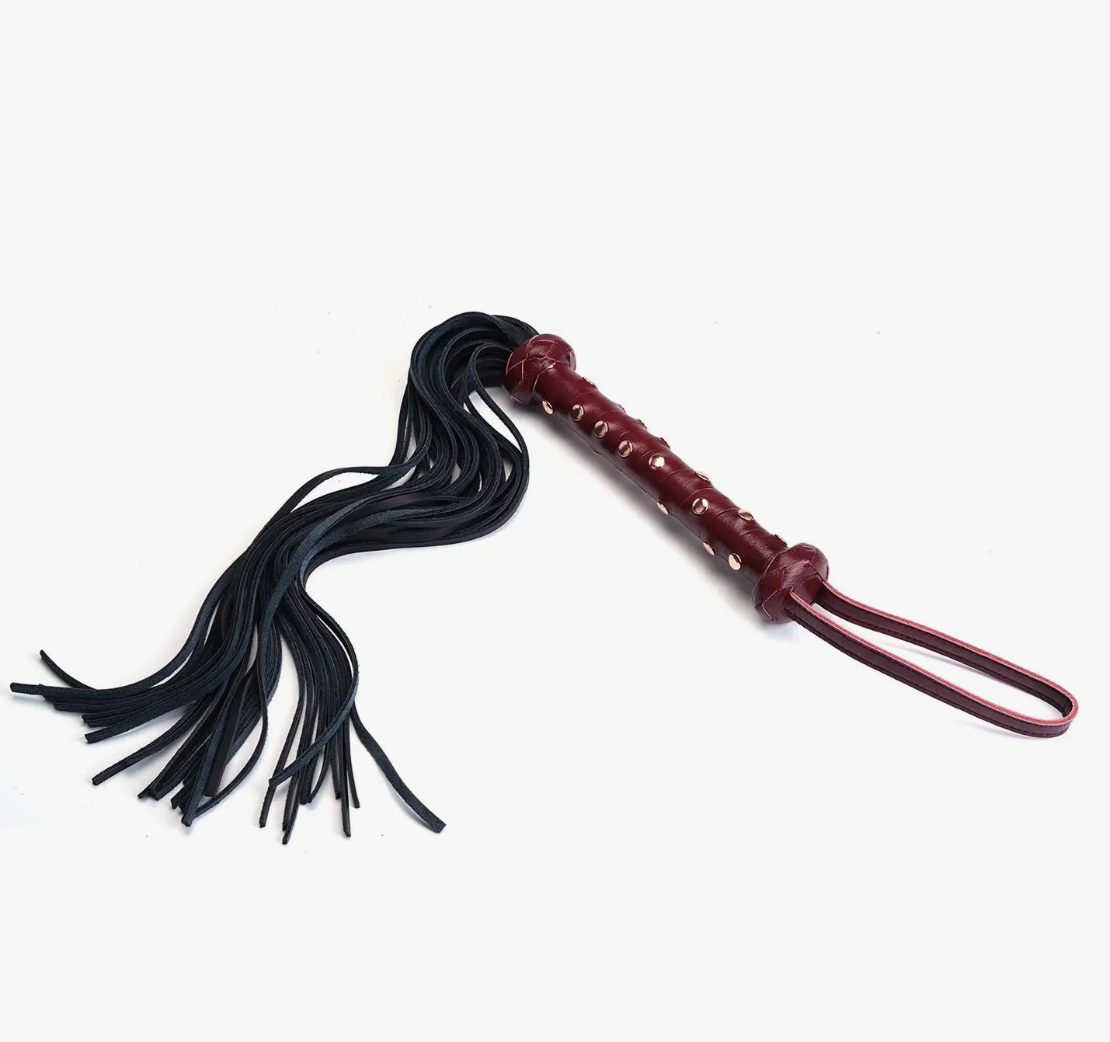 Wine Red Deluxe Cow Leather Heavy Flogger with Studded Handle