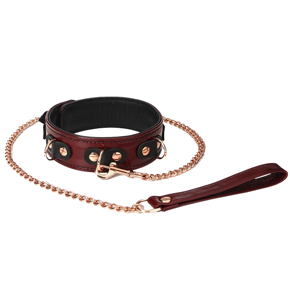 Wine Red - Leather
Deluxe collar with
chain, leash and
lock